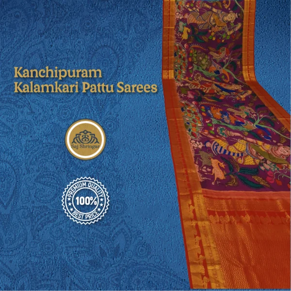 Kanchipuram Pattu Sarees Hand Weaving Pen Kalamkari Hand Drawn, Hand Painted Sarees