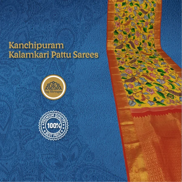 Kanchipuram Pattu Sarees Hand Weaving Pen Kalamkari Hand Drawn, Hand Painted Sarees