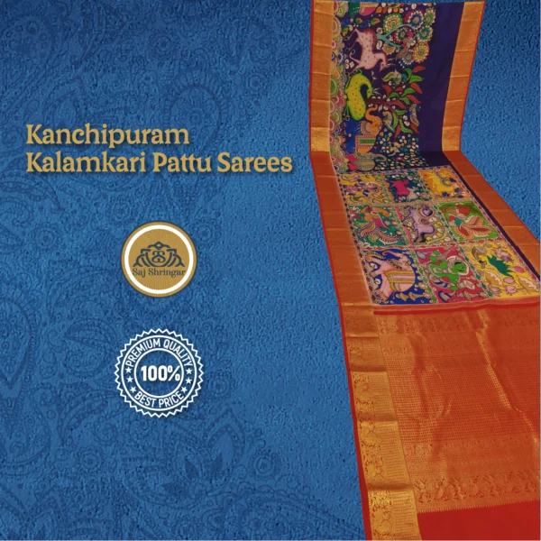 Kanchipuram Pattu Sarees Hand Weaving Pen Kalamkari Hand Drawn, Hand Painted Sarees