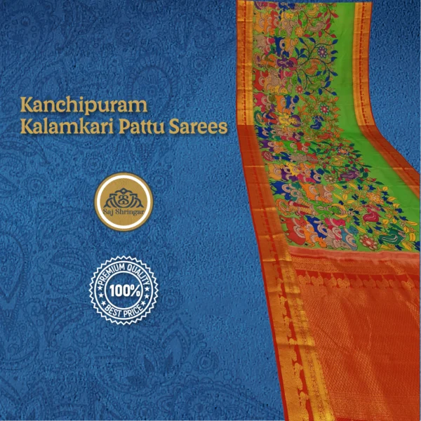 Kanchipuram Pattu Sarees Hand Weaving Pen Kalamkari Hand Drawn, Hand Painted Sarees