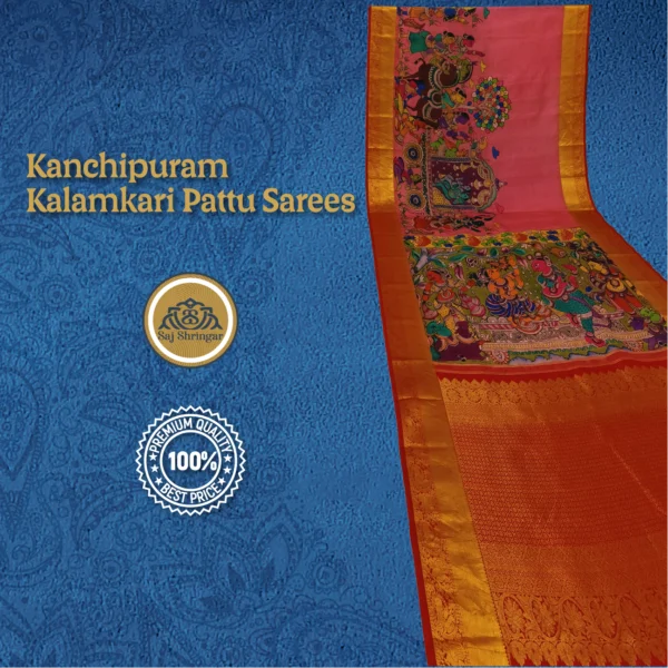 Kanchipuram Pattu Sarees Hand Weaving Pen Kalamkari Hand Drawn, Hand Painted Sarees