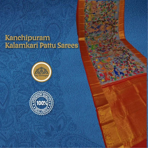 Kanchipuram Pattu Sarees Hand Weaving Pen Kalamkari Hand Drawn, Hand Painted Sarees