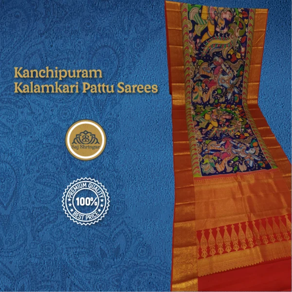 Kanchipuram Pattu Sarees Hand Weaving Pen Kalamkari Hand Drawn, Hand Painted Sarees