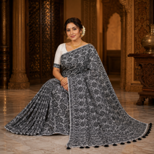 Black & Ivory Cotton Saree SSAS0003